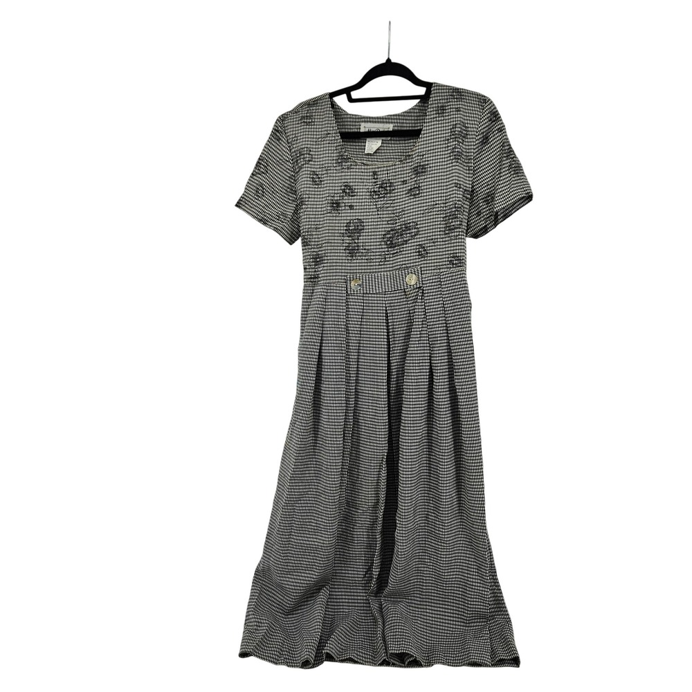 Vintage 90s Gingham‎ Floral Embroidered Maxi Dress Large Cottage Granny Prairie